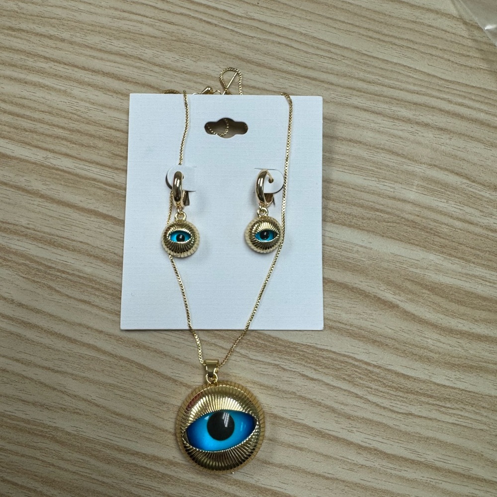 Handmade Gold and Blue Evil Eye Jewelry Set